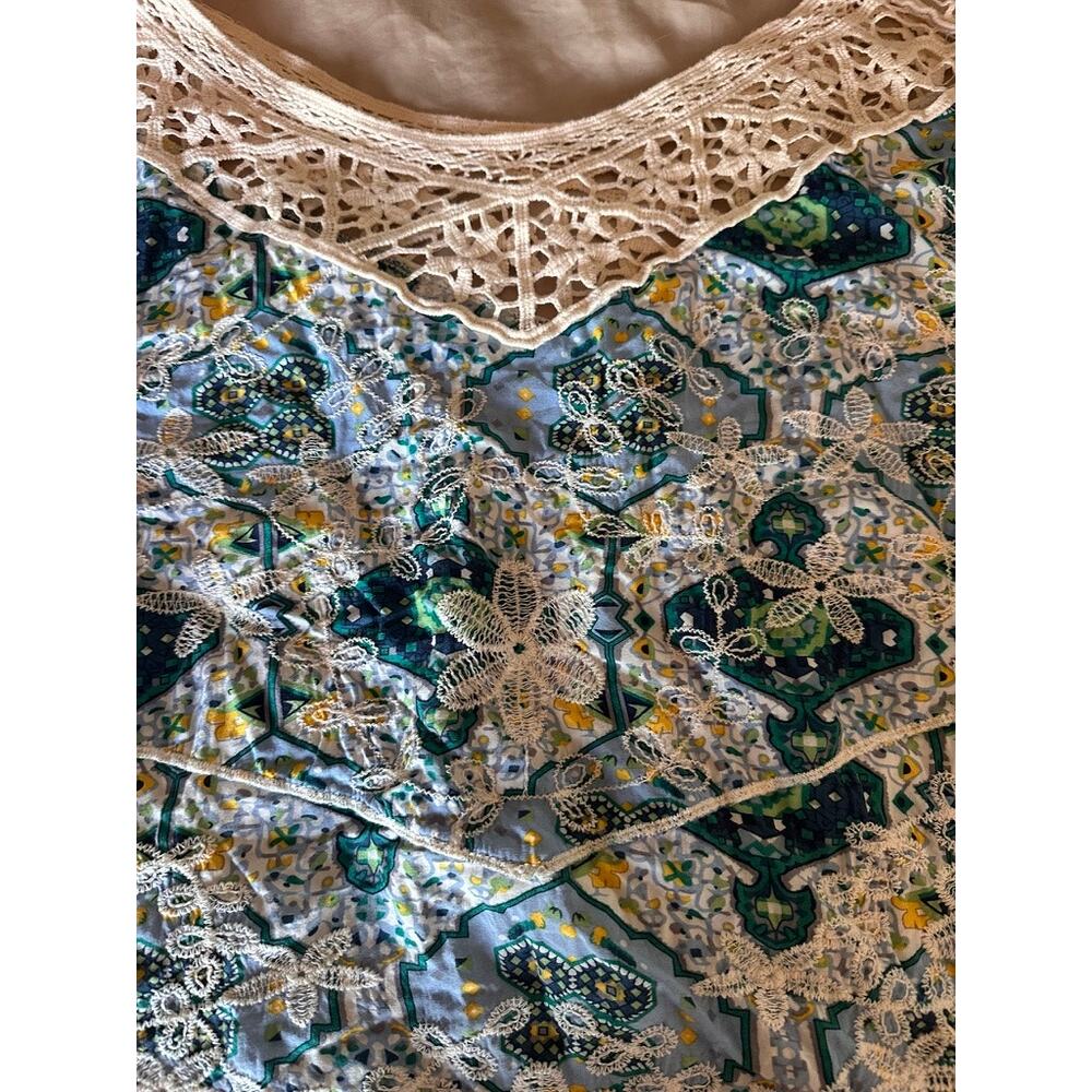 Bohemian Crochet Lace Trim Floral Top Embroidered V-Neck 3/4 Sleeve Blouse - Picture 5 of 8